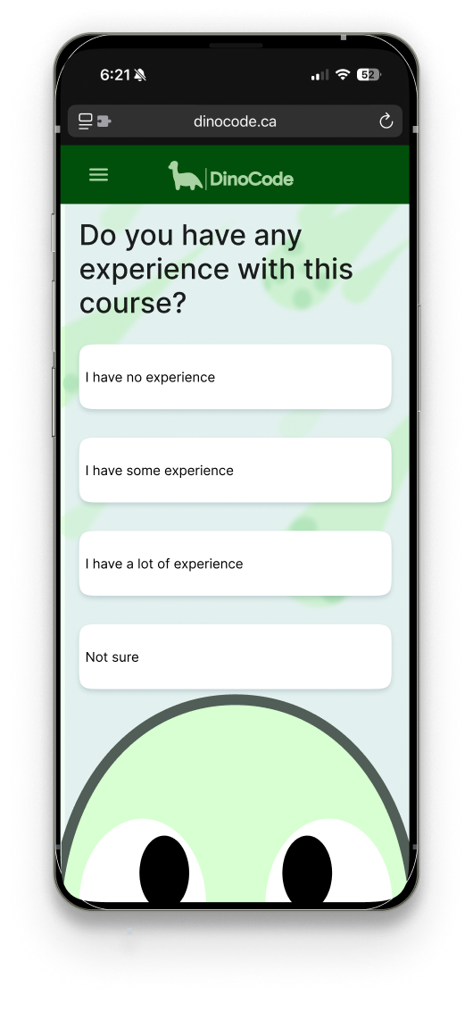 DinoCode experience selection screen