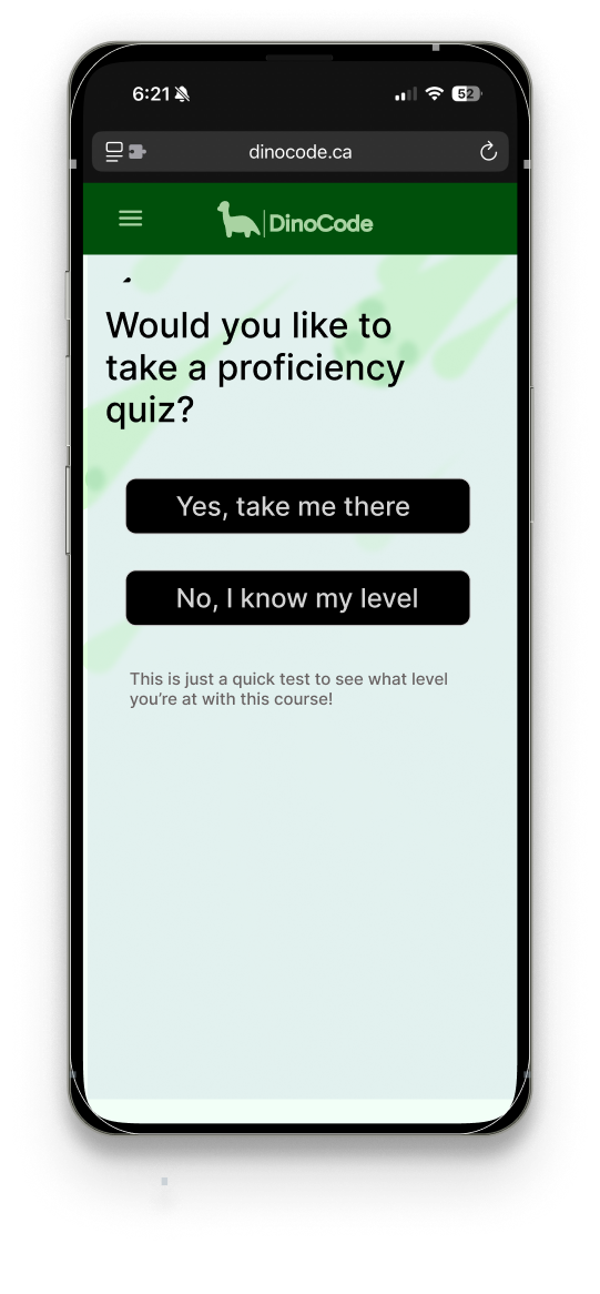 DinoCode proficiency quiz screen