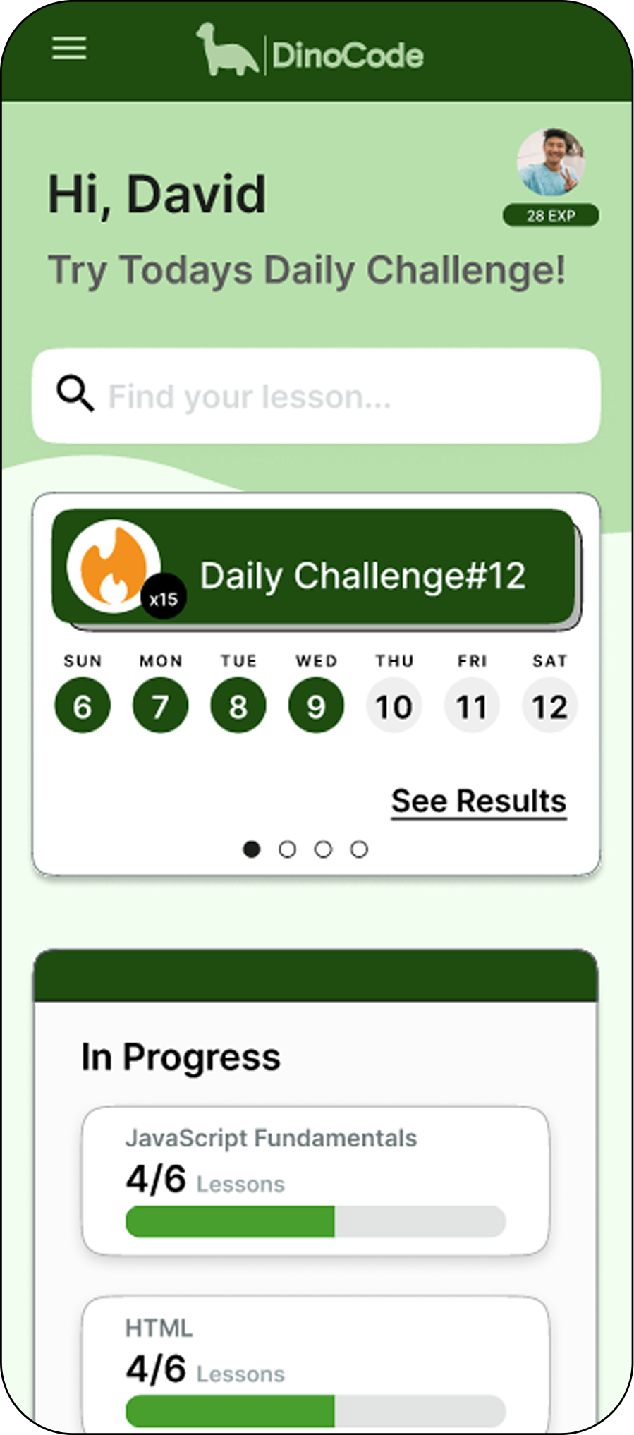 DinoCode app outcomes screen